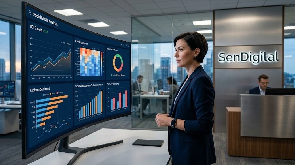 Professional digital strategist evaluating social media analysis dashboards and ROI metrics in a corporate SenDigital office.