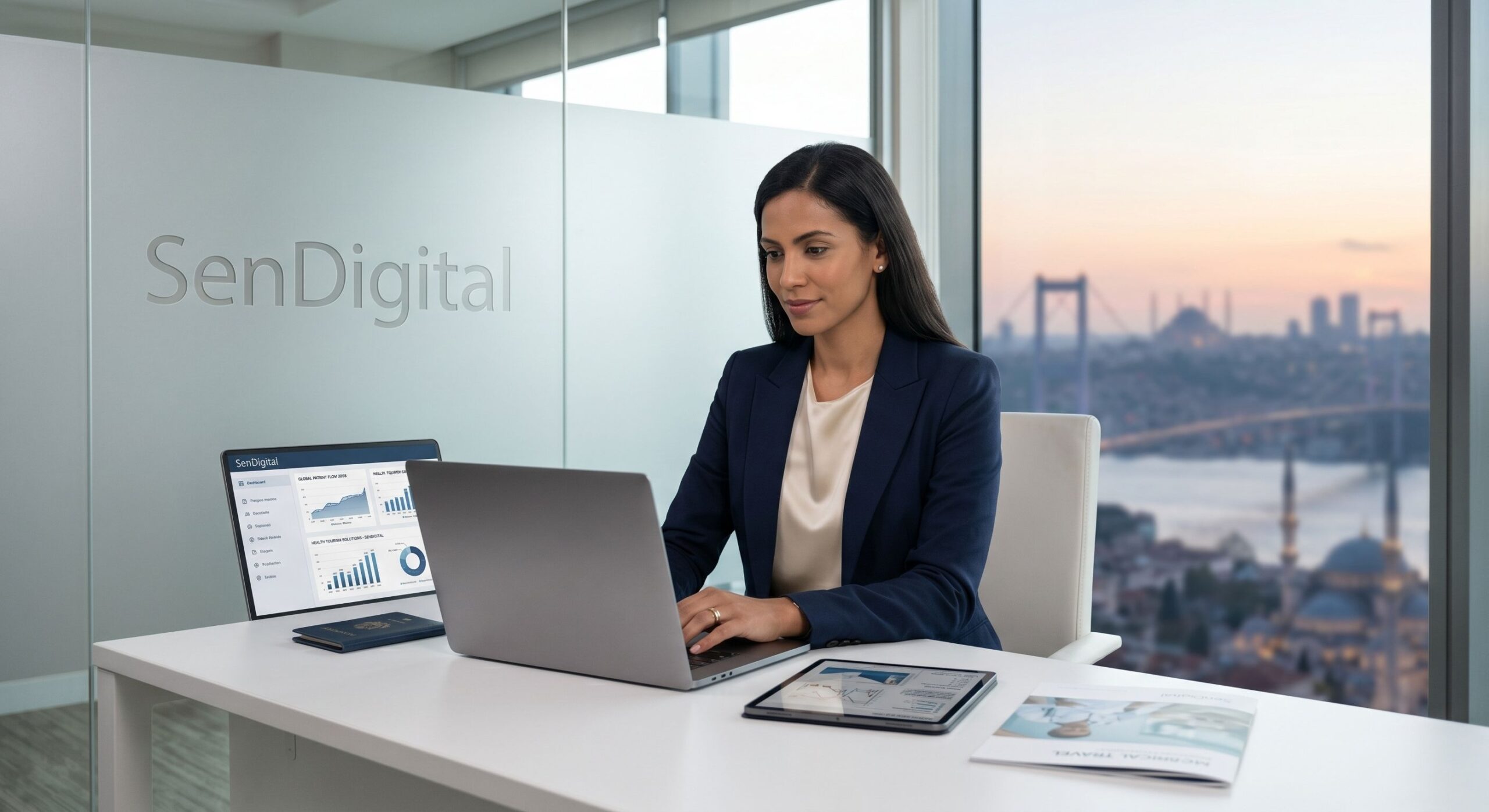 SenDigital patient coordinator managing global health tourism data and travel itineraries in a modern Istanbul office.
