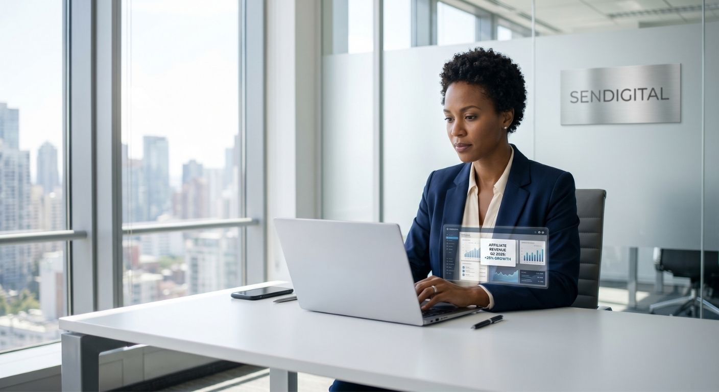 Professional digital marketer analyzing affiliate marketing revenue growth for 2026 on a laptop in a SenDigital corporate office.