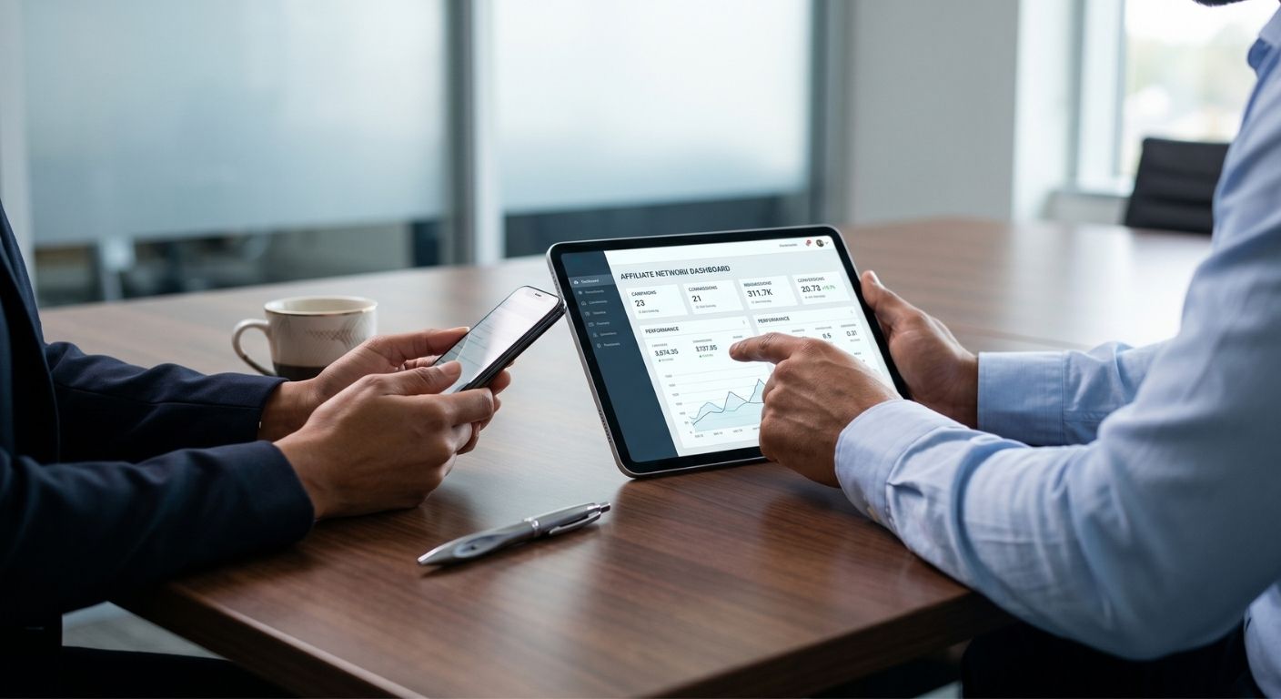 Two business professionals reviewing an affiliate network performance dashboard on a tablet to optimize campaign conversions and tracking.