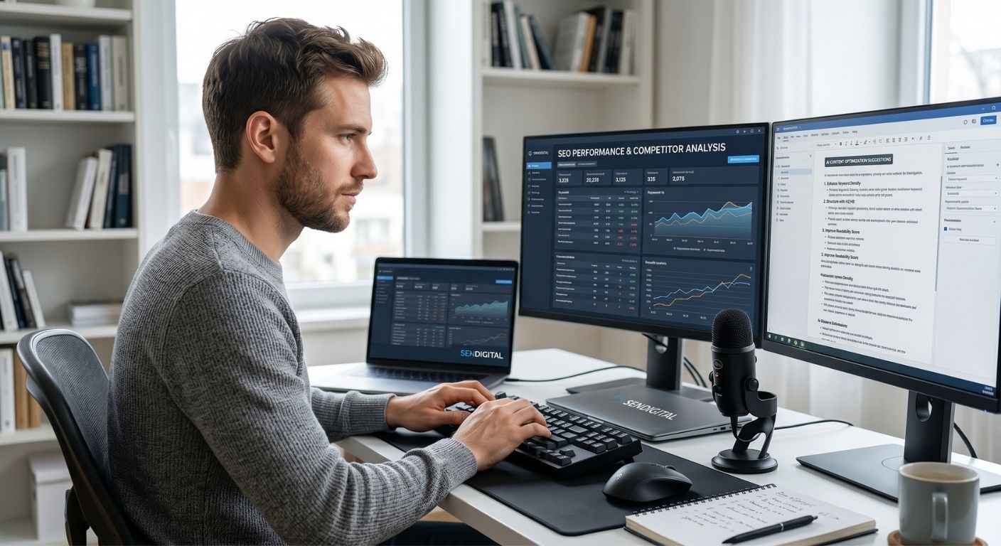Digital marketer using AI tools for content optimization and analyzing SEO performance data for a successful affiliate marketing campaign.