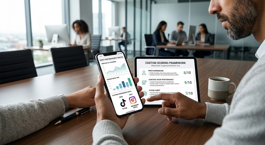 Close up of a digital marketing expert tracking mobile engagement rates and short-form video hooks on a smartphone.