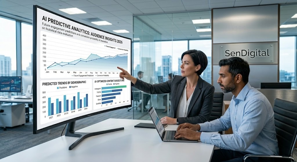 Two SenDigital digital marketing experts reviewing AI predictive analytics and audience insights on a large monitor.