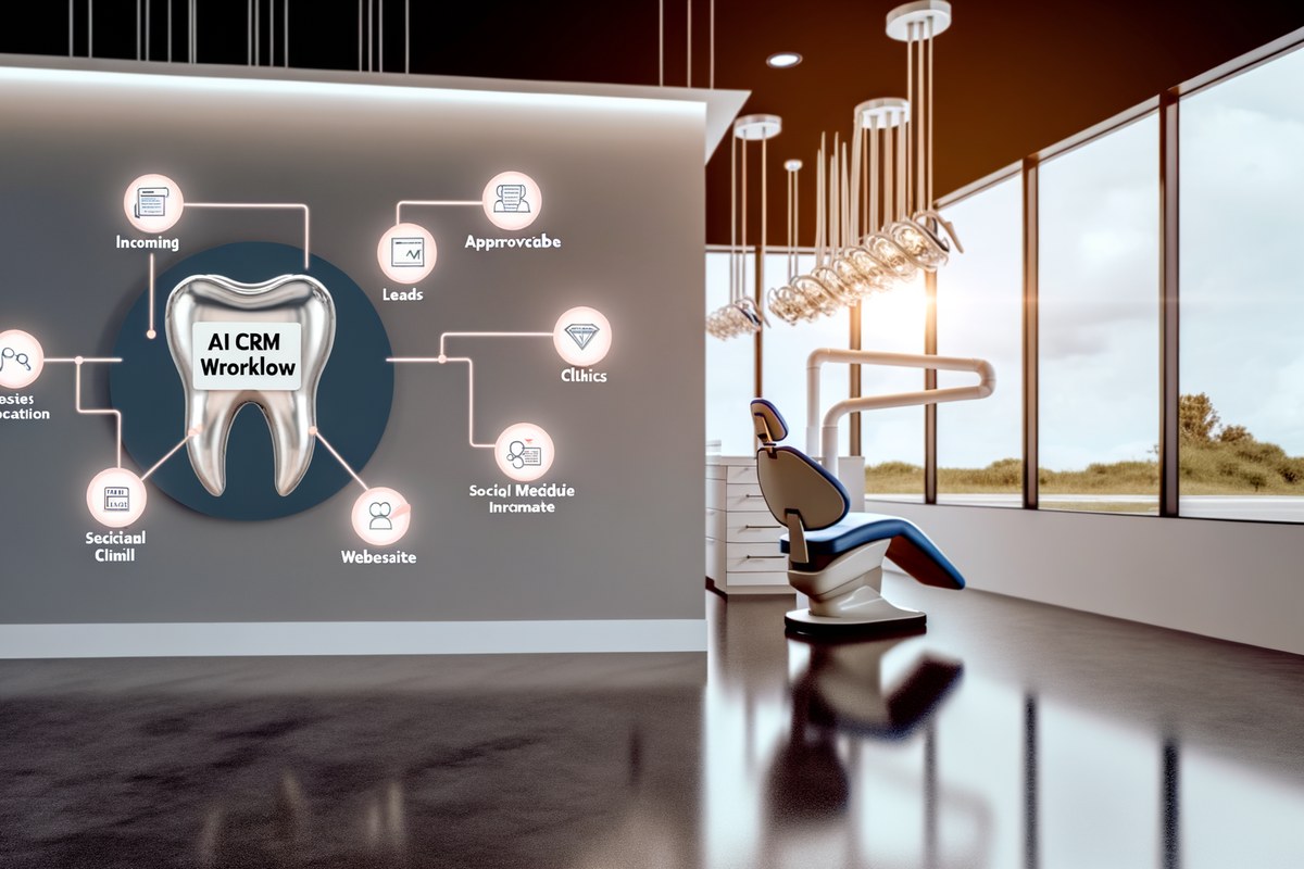 AI CRM lead tracking and message workflow visual for dental clinics in Miami