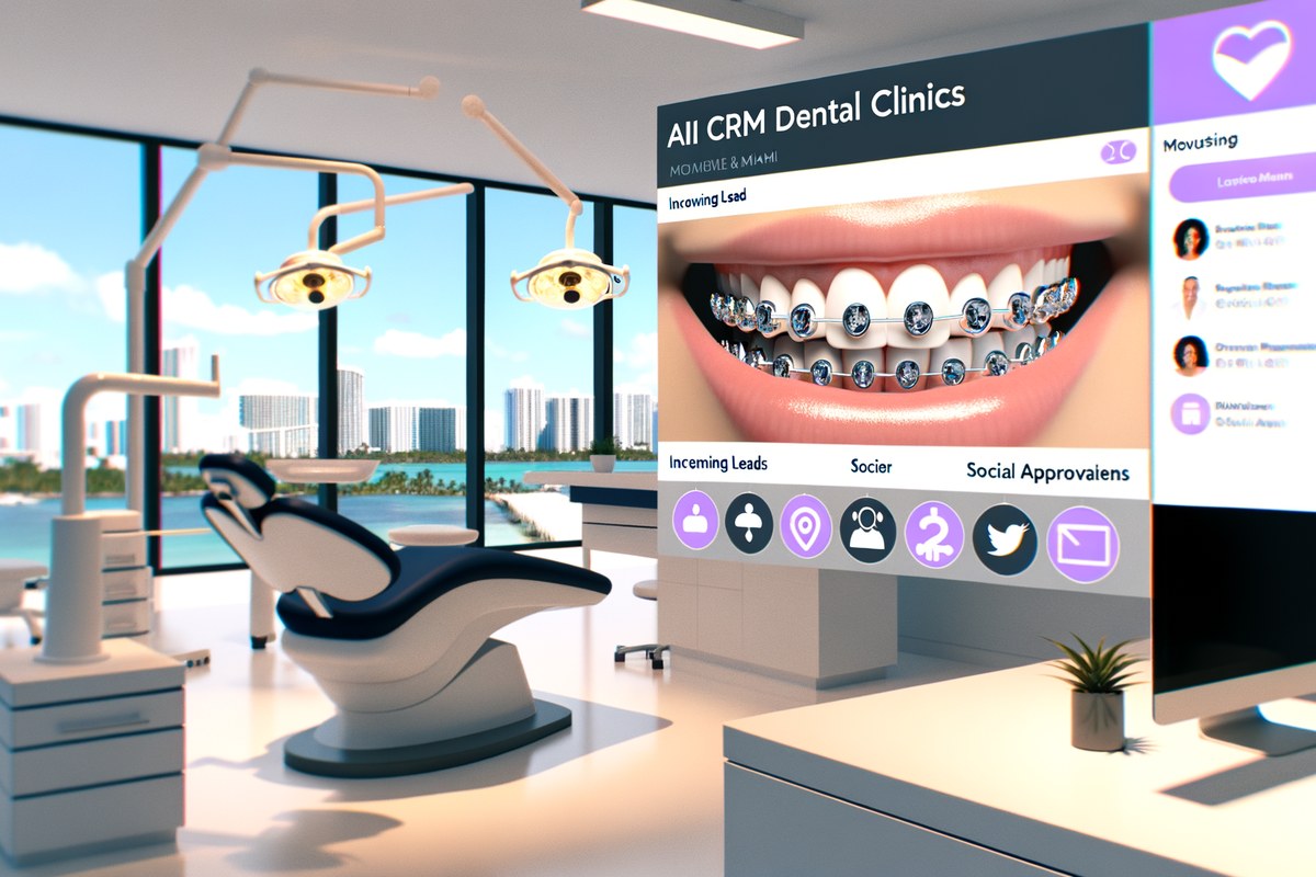 Local search and visibility strategy scene for dental clinics in Miami, analytics dashboard, map pack growth, modern office environment, realistic premium visual