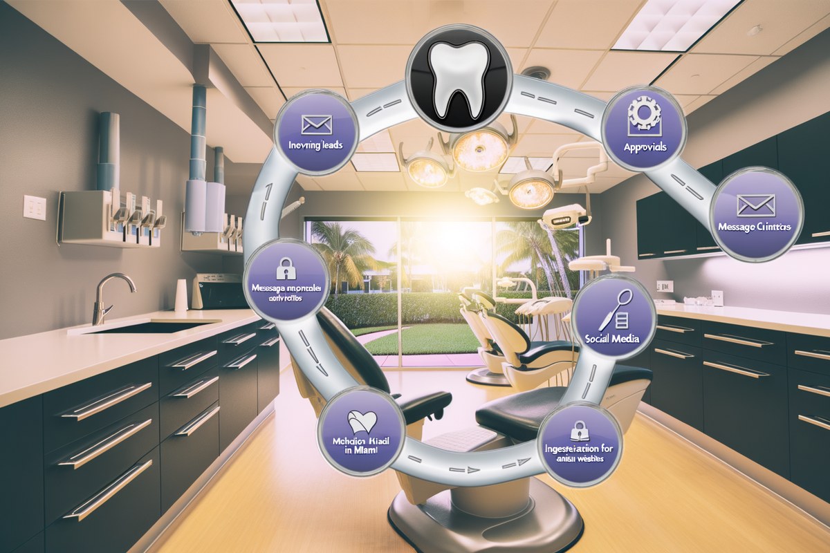 CRM lead tracking and message workflow visual for dental clinics in Miami