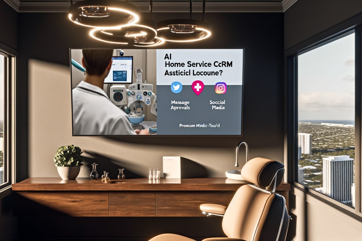 AI CRM workflow concept for home service companies in Miami, incoming leads, message approvals, social media and website integration, premium SaaS interface