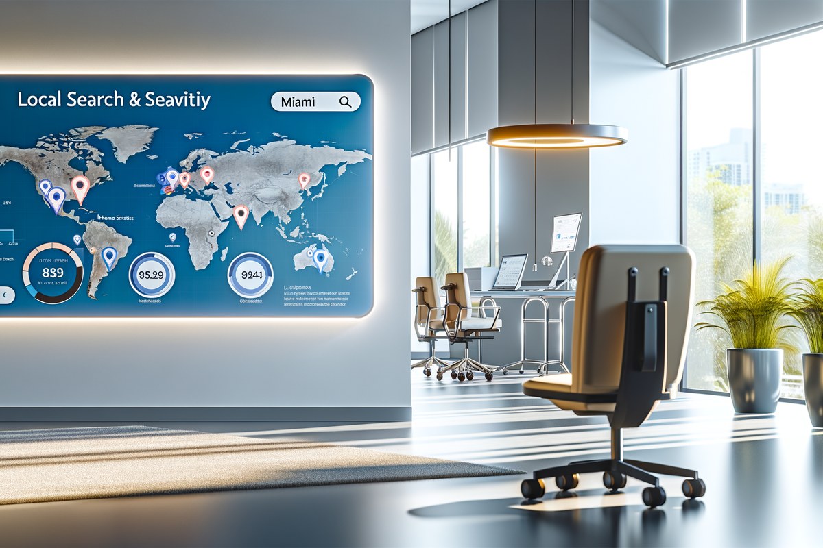 Miami Home Service Company Local Visibility Strategy Local search and visibility strategy scene for home service companies in Miami, analytics dashboard, map pack growth