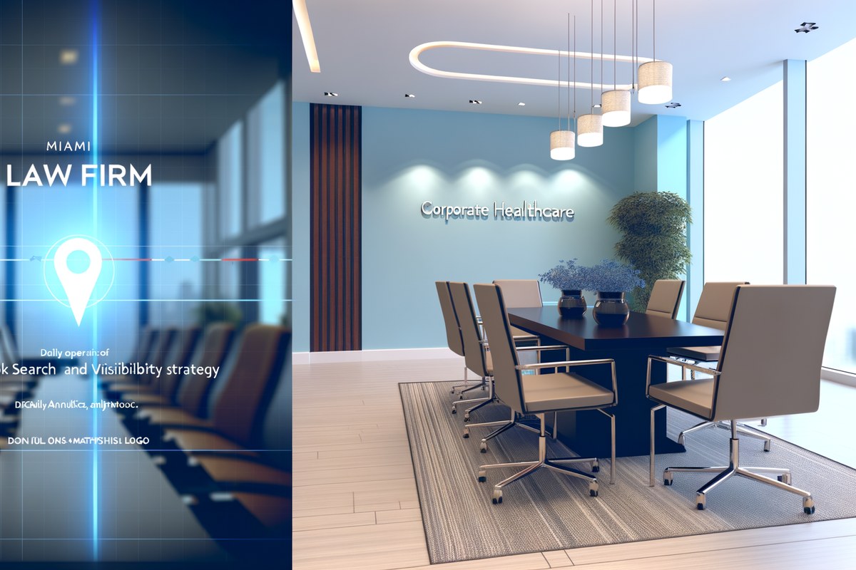Local search and visibility strategy scene for law firms in Miami, analytics dashboard, map pack growth, modern office environment, realistic premium visual