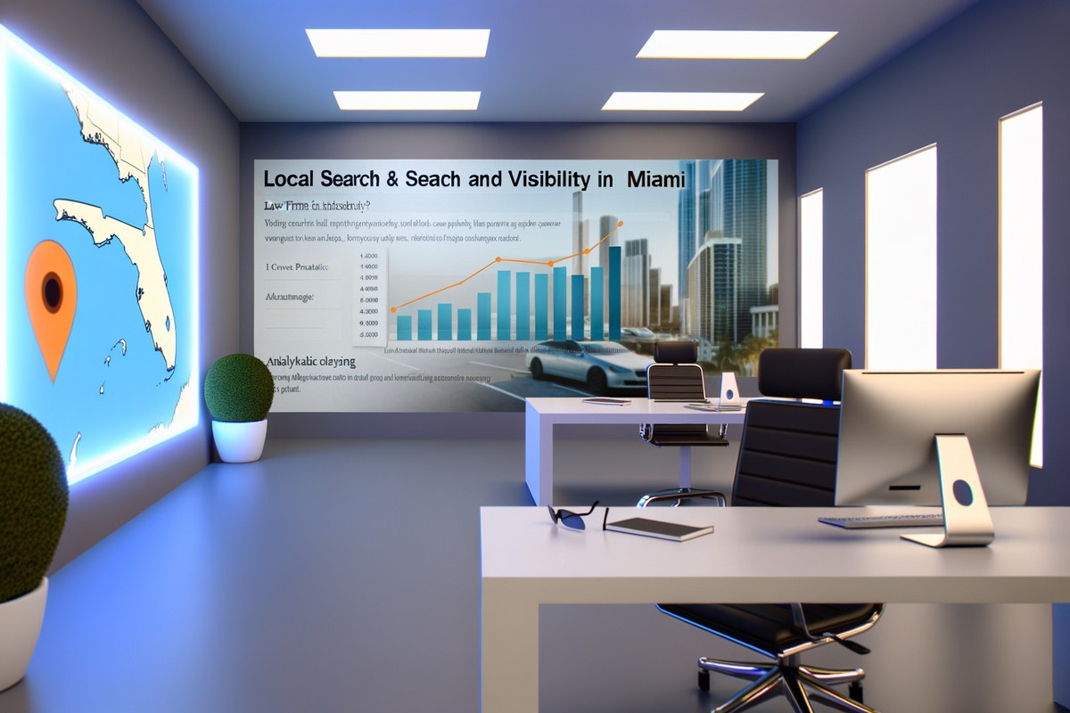 Local search and visibility strategy scene for law firms in Miami, analytics dashboard, map pack growth, modern office environment, realistic premium visual
