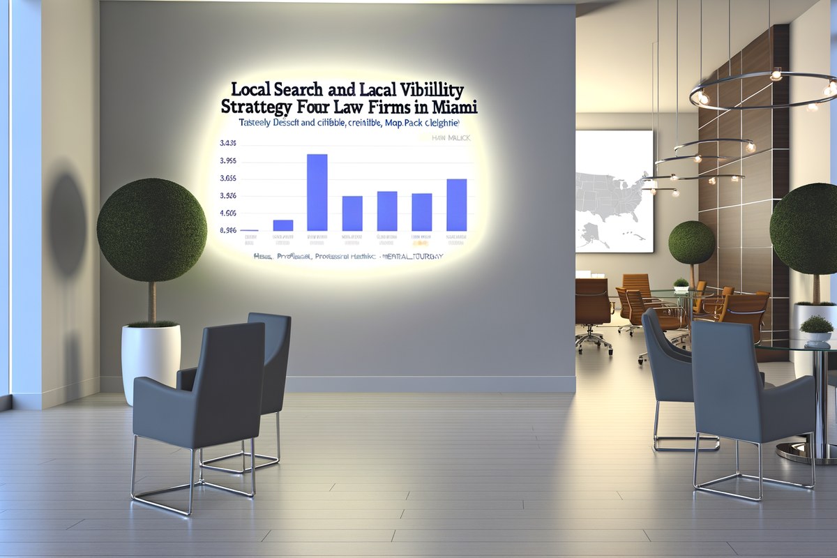 Miami Law Firm Local Visibility Strategy Local search and visibility strategy scene for law firms in Miami, analytics dashboard, map pack growth, modern office environment, realistic premium visual