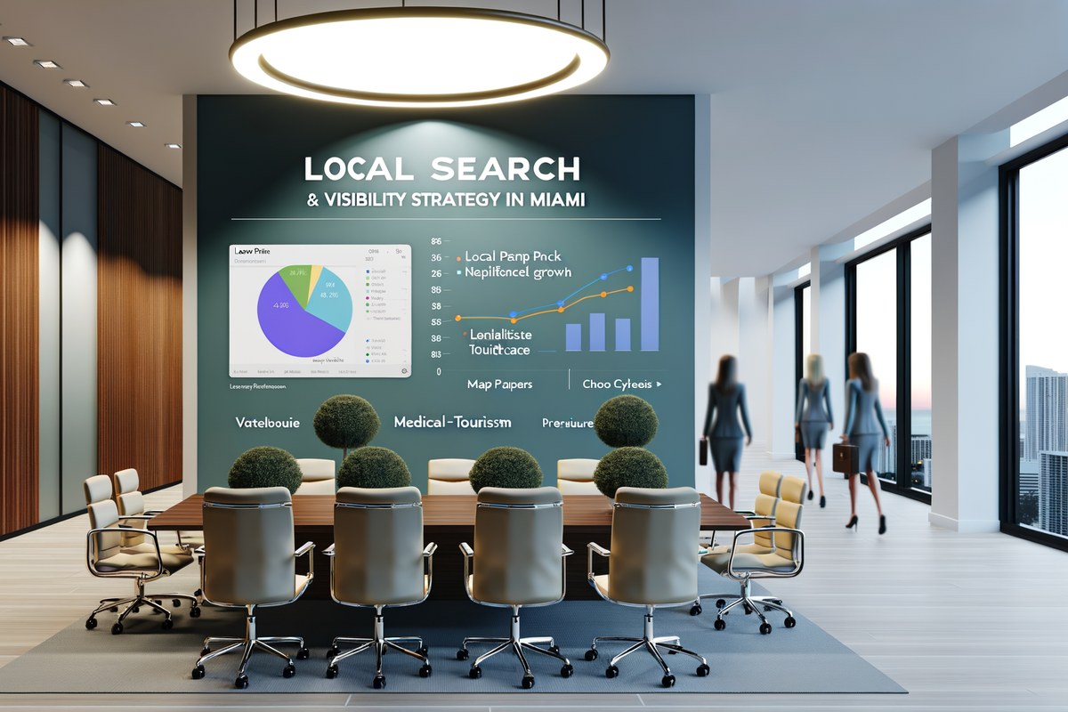 Local search and visibility strategy scene for law firms in Miami, analytics dashboard, map pack growth, modern office environment, realistic premium visual