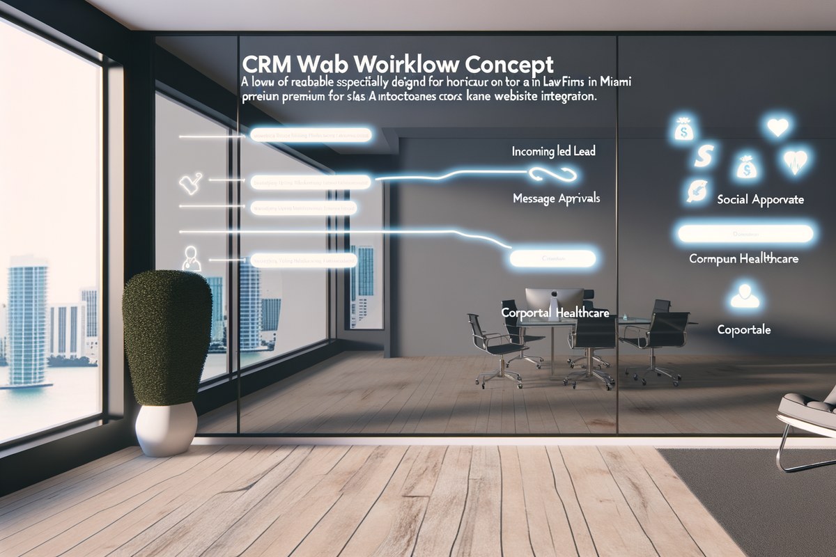Miami Law Firm Connected Growth System Premium AI-powered digital growth scene in Miami focused on law firm CRM dashboard and SEO growth chart