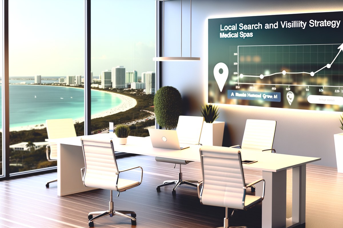 Local search and visibility strategy scene for medical spas in Miami, analytics dashboard, map pack growth, modern office environment, realistic premium visual
