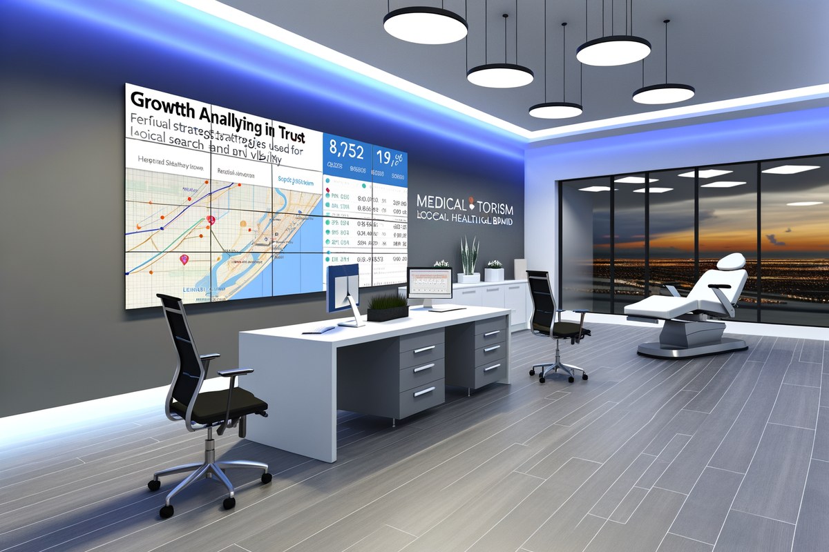 Miami Medical Spa Local Visibility Strategy Local search and visibility strategy scene for medical spas in Miami, analytics dashboard, map pack growth, modern office environment, realistic premium visual