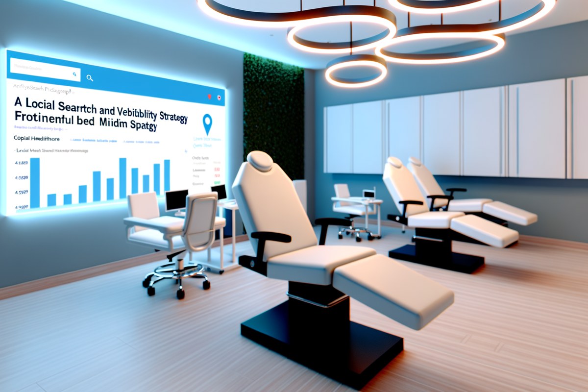 Miami Medical Spa Local Visibility Strategy Local search and visibility strategy scene for medical spas in Miami, analytics dashboard, map pack growth, modern office environment, realistic premium visual