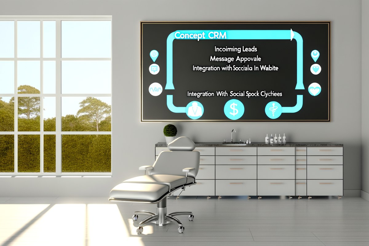 Miami Medical Spa CRM Workflow AI CRM workflow concept for medical spas in Miami, incoming leads, message approvals, social media and website integration, premium SaaS interface