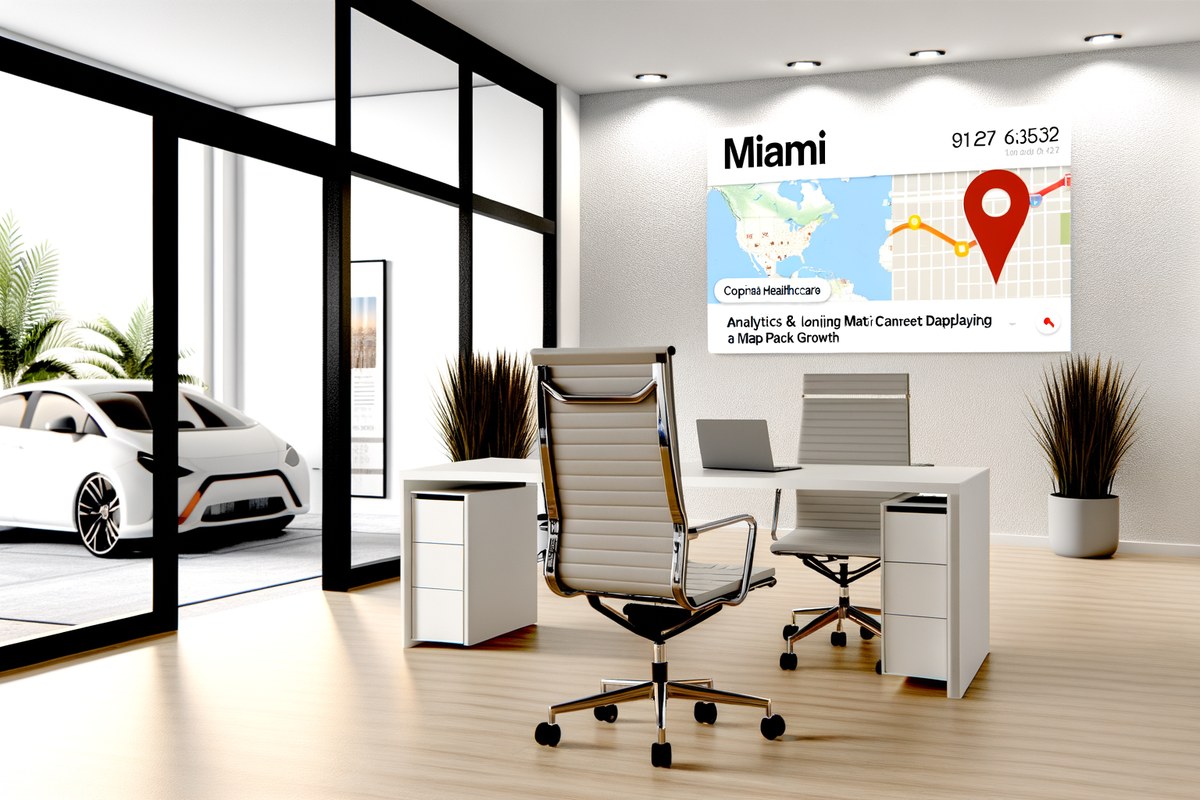 Local search and visibility strategy scene for real estate teams in Miami, analytics dashboard