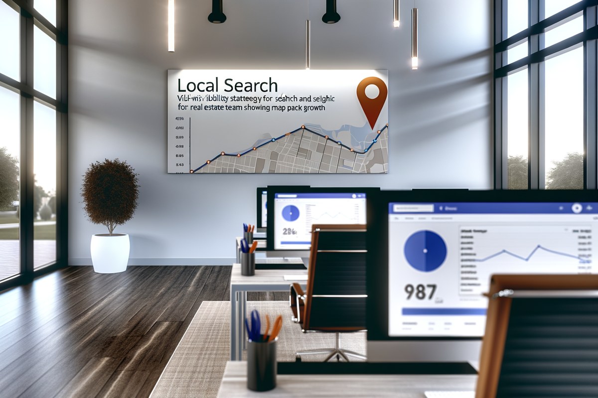 Miami Real Estate Team Local Visibility Strategy Local search and visibility strategy scene for real estate teams in Miami, analytics dashboard, map pack growth, modern office environment, realistic premium visual