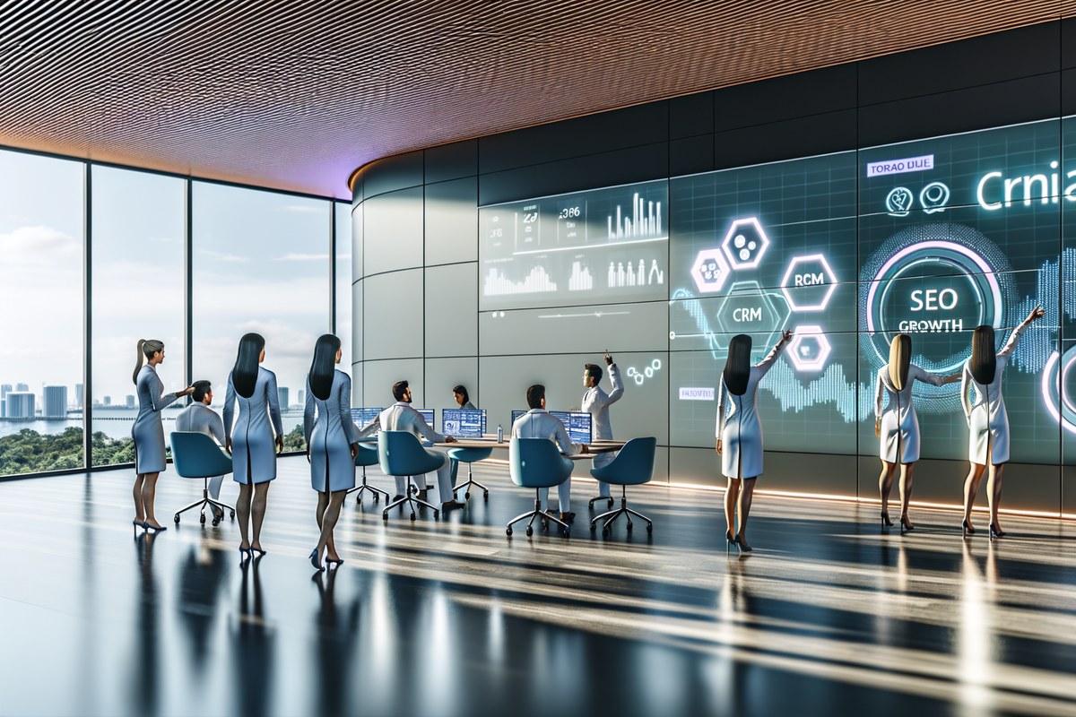 AI-powered SEO, CRM and digital growth concept for real estate teams in Miami that includes Miami CRM integration services
