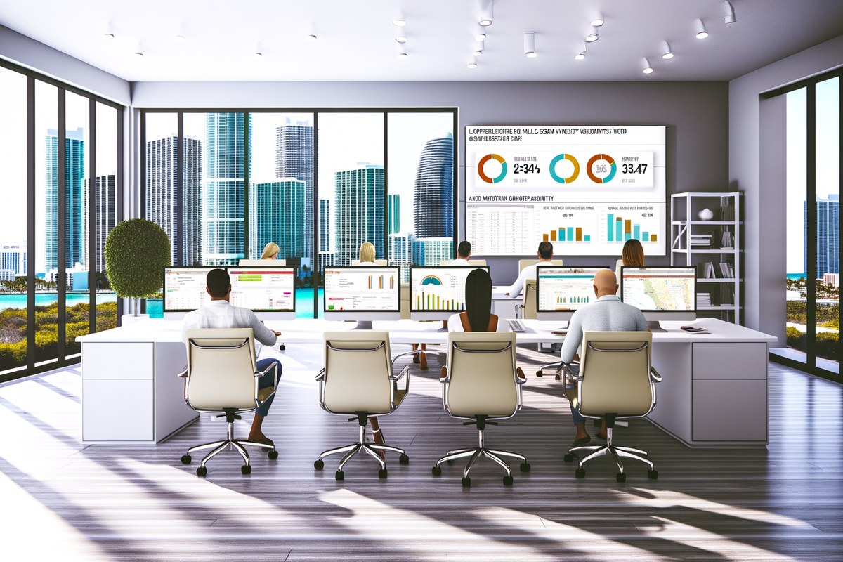 Miami Real Estate Team Local Visibility Strategy Local search and visibility strategy scene for real estate teams in Miami, analytics dashboard, map pack growth, modern office environment, realistic premium visual
