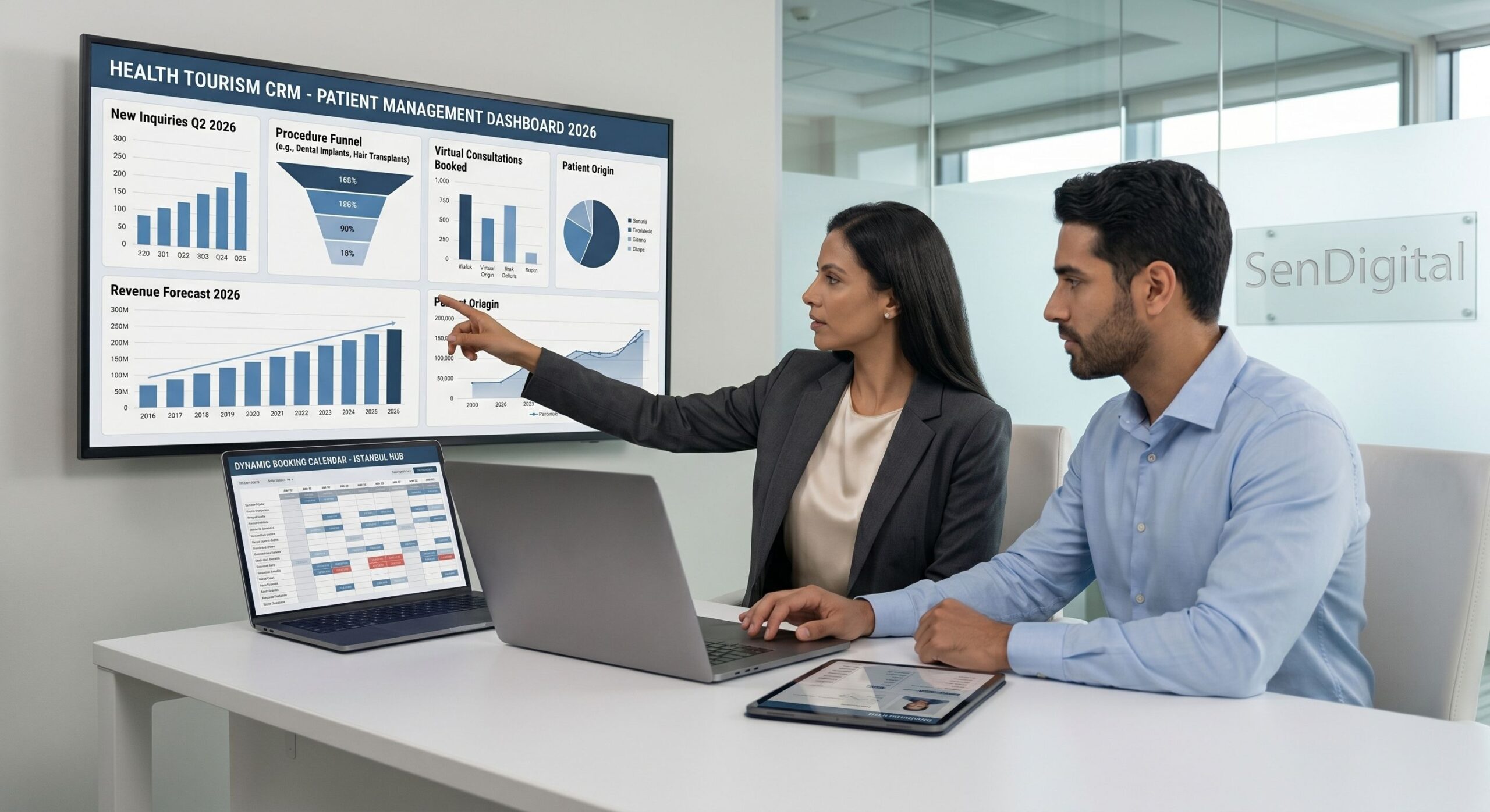 Two business professionals collaborating in a SenDigital conference room, reviewing a complex health tourism CRM dashboard on a tablet with dynamic patient booking and inquiry funnel data for 2026.