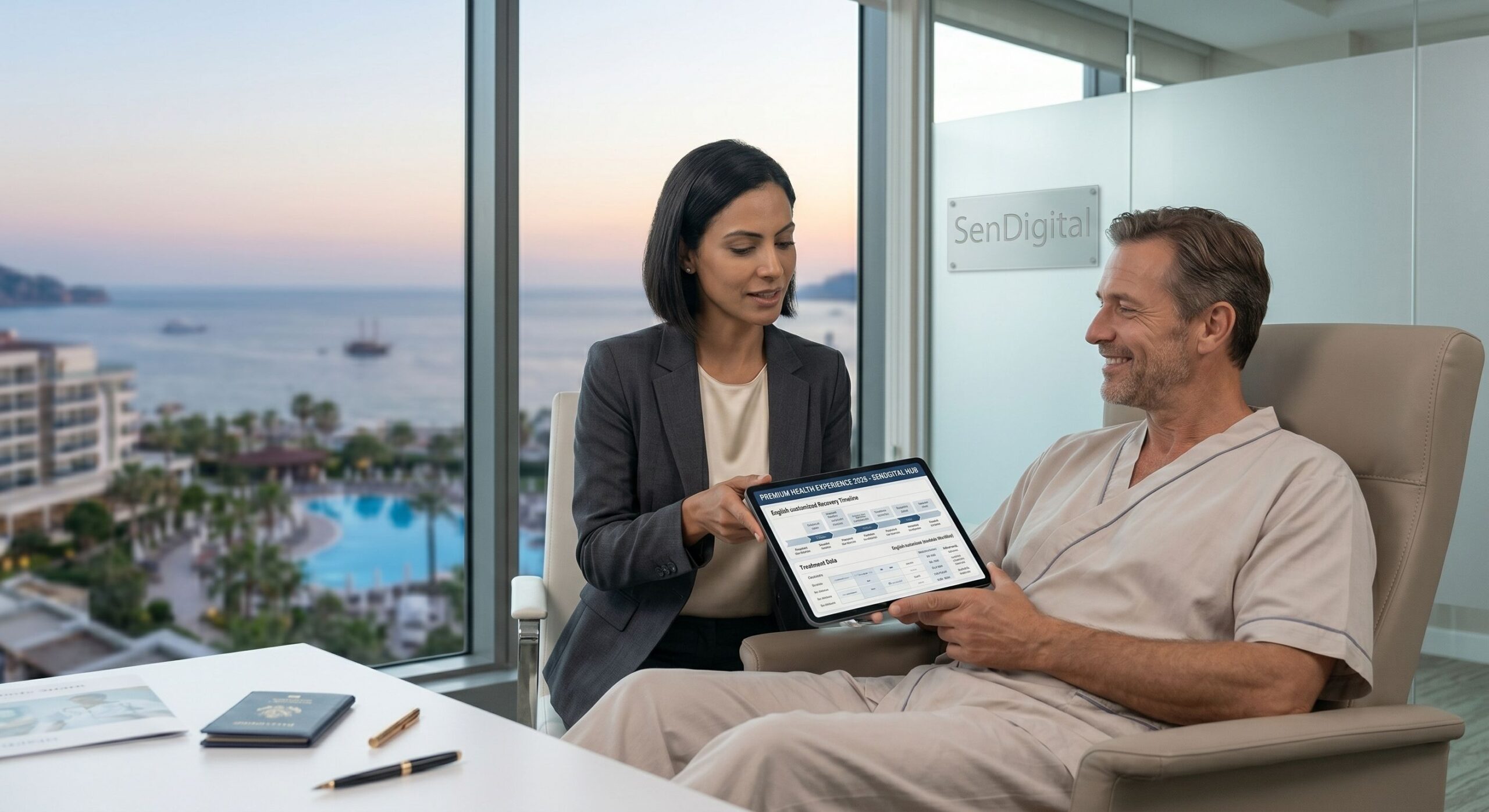 A SenDigital coordinator explaining a personalized medical travel recovery plan to an international patient in a luxury suite overlooking the Antalya coast.